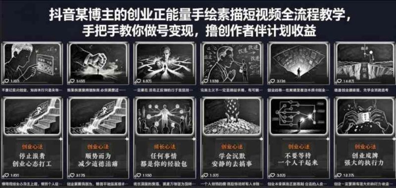 抖音某博主的创业正能量手绘素描短视频全流程教学-教程库